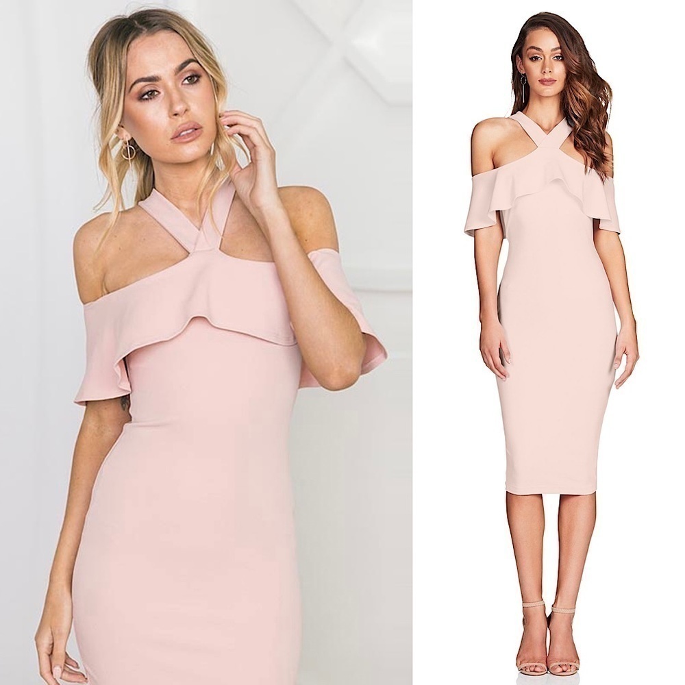 NWT NOOKIE 70s Ruffle Off Shoulder Halter Neck Scuba Crepe Bodycon Midi Dress XS